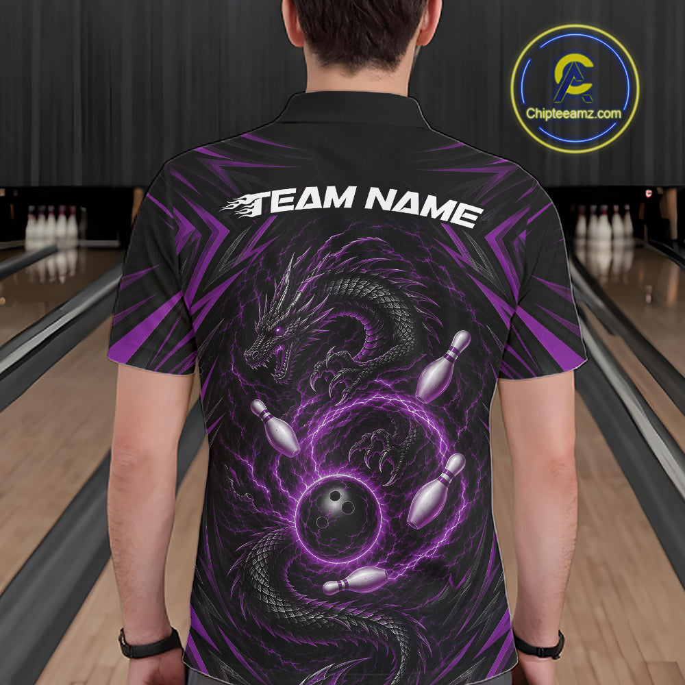 Custom Black And Purple Lightning Dragon Bowling Men Polo Shirt, Bowling League Shirt IPHW11840