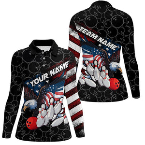 American Flag Eagle Custom Patriotic US Flag Ladies Bowling Shirts, Black Bowling Uniform IPHW7922