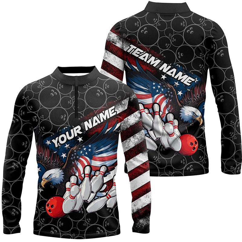 American Flag Eagle Custom Patriotic US Flag Bowling Shirts For Men, Black Bowling Team Uniform IPHW7922