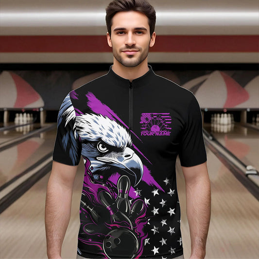 Black And Purple American Flag Eagle Custom Patriotic Flame Bowling Team Men Quarter-Zip Shirts IPHW8850