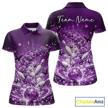 Custom Elegant Purple Roses And Butterfly Women Bowling Shirt, Flower Bowling League Shirt IPHW10927