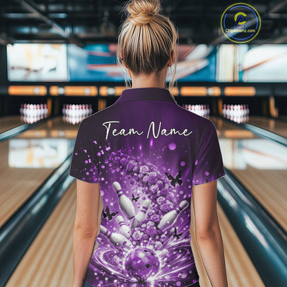 Custom Elegant Purple Roses And Butterfly Women Bowling Shirt, Flower Bowling League Shirt IPHW10927