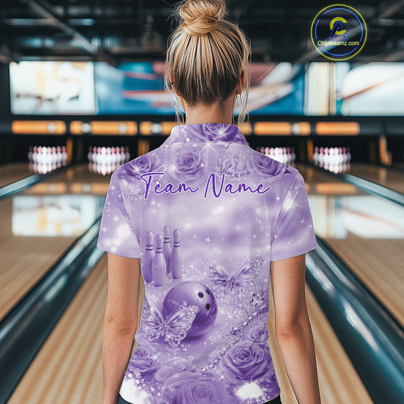 Custom Elegant Purple Roses And Butterfly Women Bowling Polo Shirts, Ladies Outfit IPHW10934