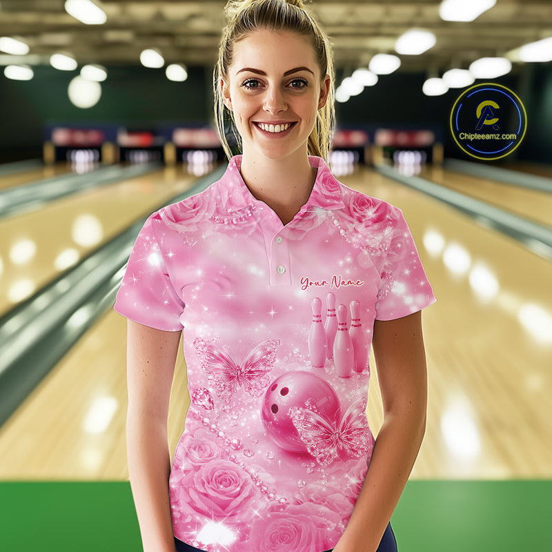 Custom Elegant Pink Roses And Butterfly Women Bowling Polo Shirts, Ladies Outfit IPHW10937