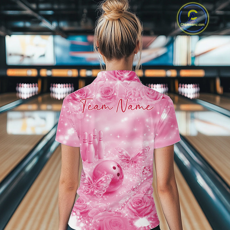 Custom Elegant Pink Roses And Butterfly Women Bowling Polo Shirts, Ladies Outfit IPHW10937