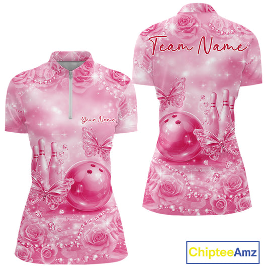 Custom Elegant Pink Roses And Butterfly Women Bowling Quarter-Zip Shirts, Ladies Outfit IPHW10941