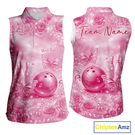 Custom Elegant Pink Roses And Butterfly Women Bowling Sleeveless Polo Shirts, Ladies Outfit IPHW10941