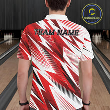 Load image into Gallery viewer, Person wearing a red and white bowling shirt with 'TEAM NAME' on the back, standing in a bowling alley.