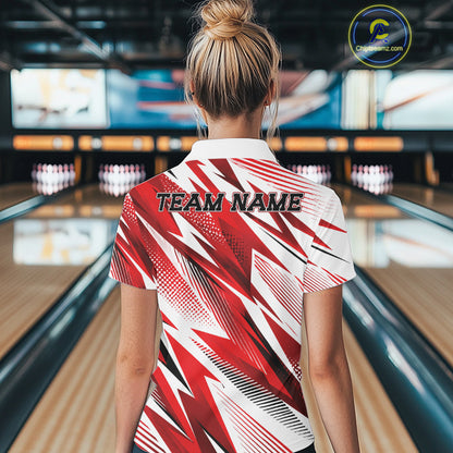 Person wearing a red and white bowling shirt with 'TEAM NAME' text in a bowling alley.