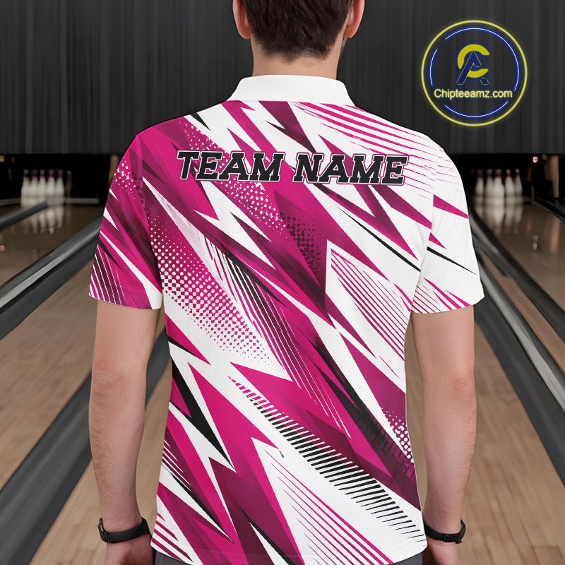 Person wearing a pink and white bowling shirt with 'TEAM NAME' text in a bowling alley.