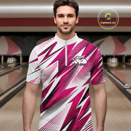 Man wearing a pink and white sports jersey with a bowling alley in the background