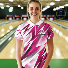 Load image into Gallery viewer, Woman wearing a pink and white bowling shirt with a pattern in a bowling alley.