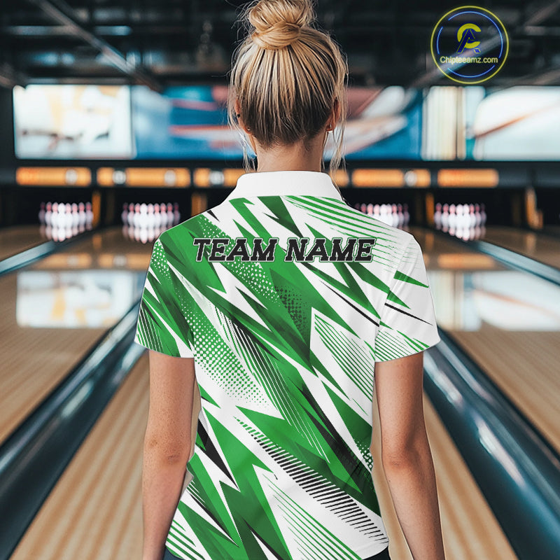 Person wearing a green and white bowling shirt with 'TEAM NAME' text in a bowling alley.