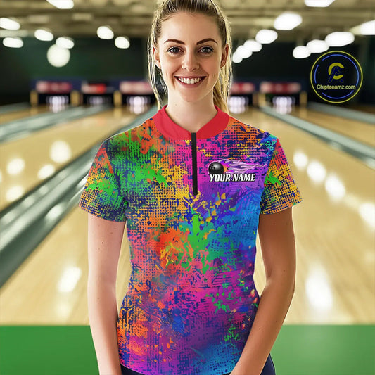 Custom Colorful Bowling Quarter Zip Shirts For Women, Pride Colors Ladies Bowling Shirts IPHW6788