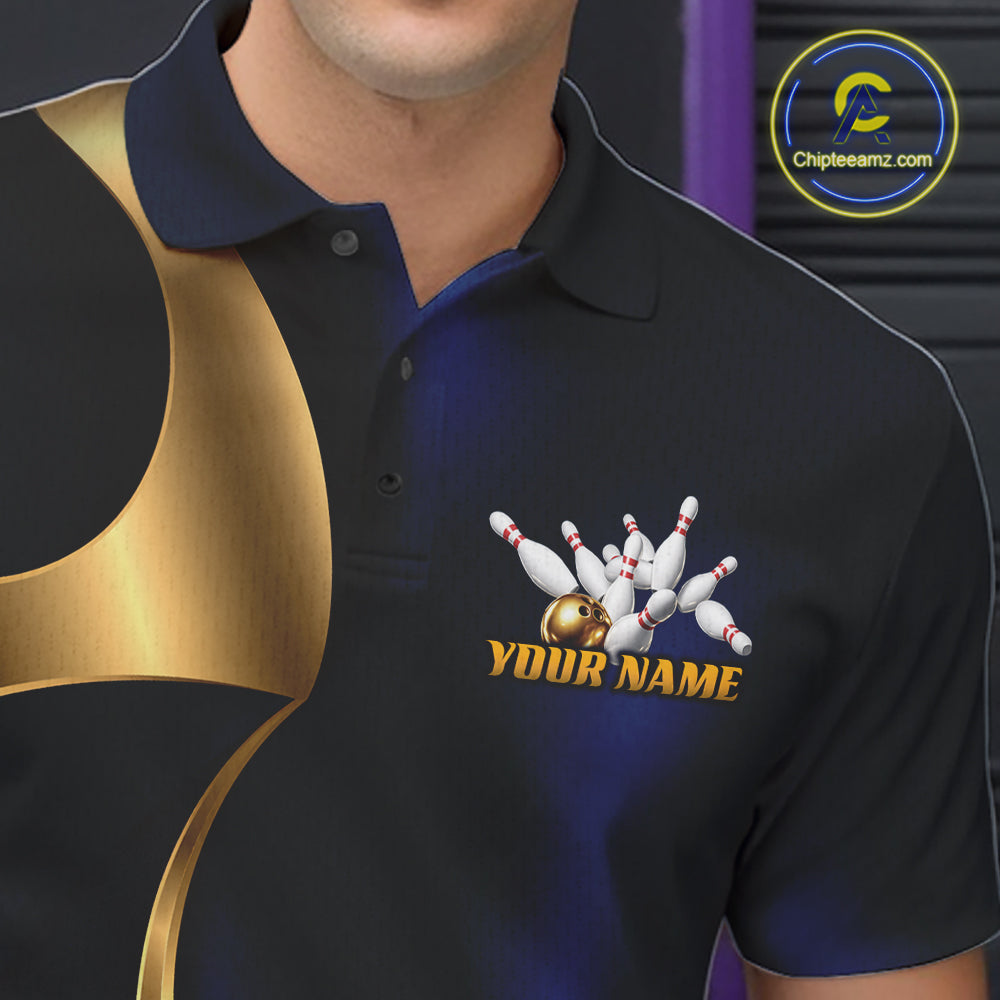 A close-up of a man wearing a black and navy blue bowling-themed polo shirt with a gold graphic accent on the shoulder and a bowling pins and ball graphic on the chest with the text 'YOUR NAME'.