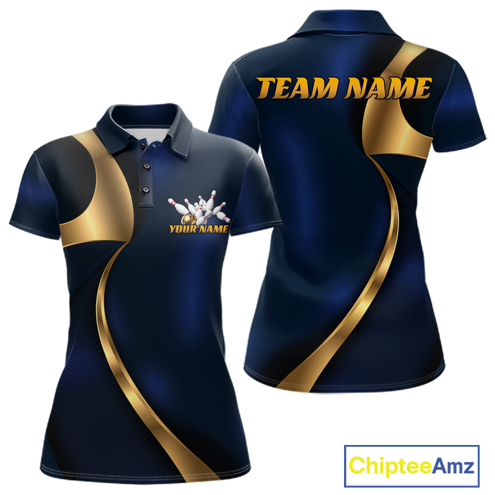 Custom short-sleeve polo shirt shown from the front and back in navy blue with metallic gold graphic stripes. The front features a white bowling pins and balls logo with customizable text 'YOUR NAME', and the back displays 'TEAM NAME' in gold.