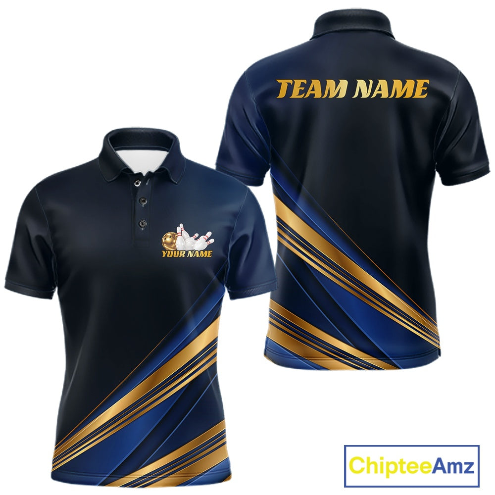 Custom Gold And Blue Diagonal Stripes Bowling Team Men Polo Bowling League Shirt IPHW11613