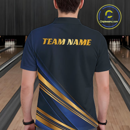 A man viewed from behind wearing a navy blue bowling shirt with gold 'TEAM NAME' text and diagonal gold and blue stripes on the lower back, set against a bowling alley background. A circular 'Chipteamnz.