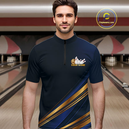 Custom Gold And Blue Diagonal Stripes Bowling Team Men Quarter Zip Bowling League Shirt IPHW11613