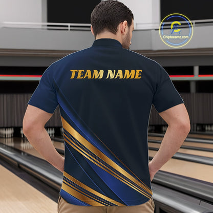 A man viewed from behind wearing a navy blue short-sleeve polo shirt with gold and blue graphic stripes and the text 'TEAM NAME' printed across the upper back. The background shows bowling lanes, and a circular 'Chipteamz.