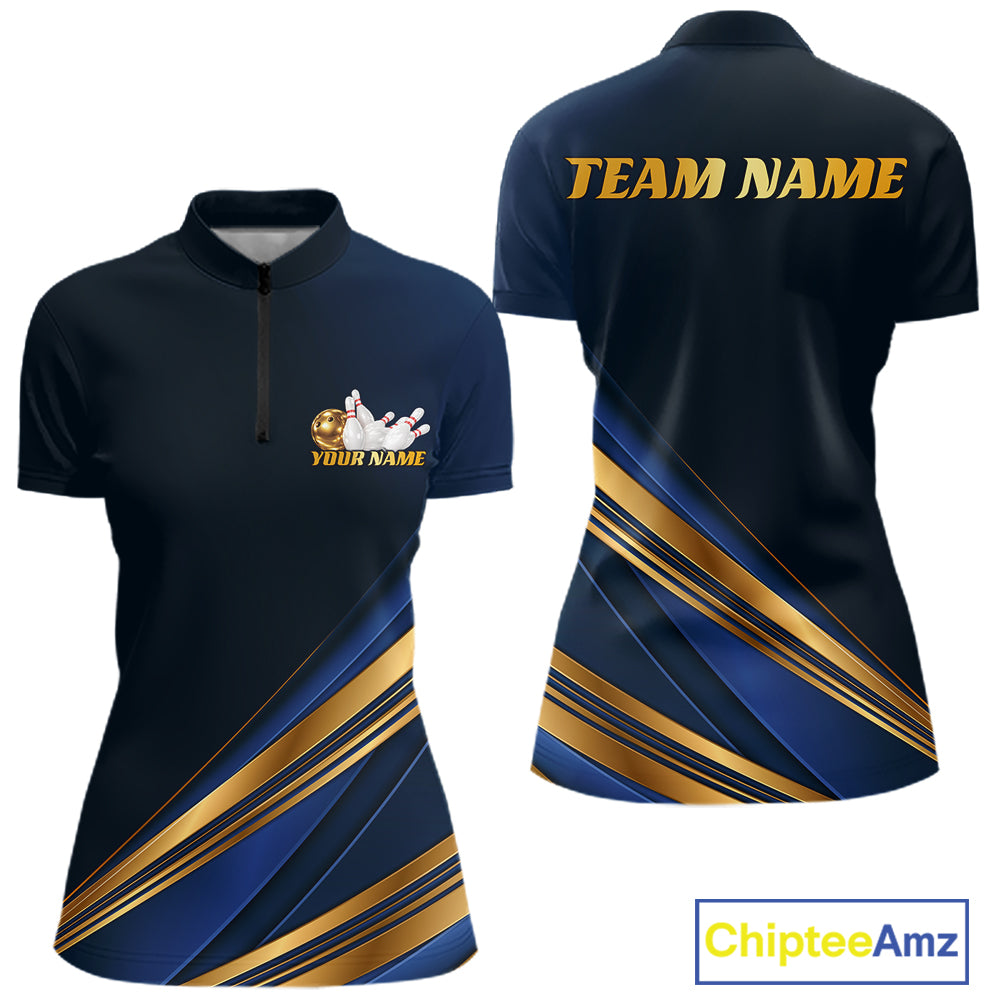 Customizable short-sleeve polo shirt shown from the front and back. The shirt is navy blue with metallic gold diagonal stripes on the lower half, a gold zipper on the front, and customizable text areas reading 'TEAM NAME' on the back and 'YOUR NAME' with a bowling graphic on the front chest.