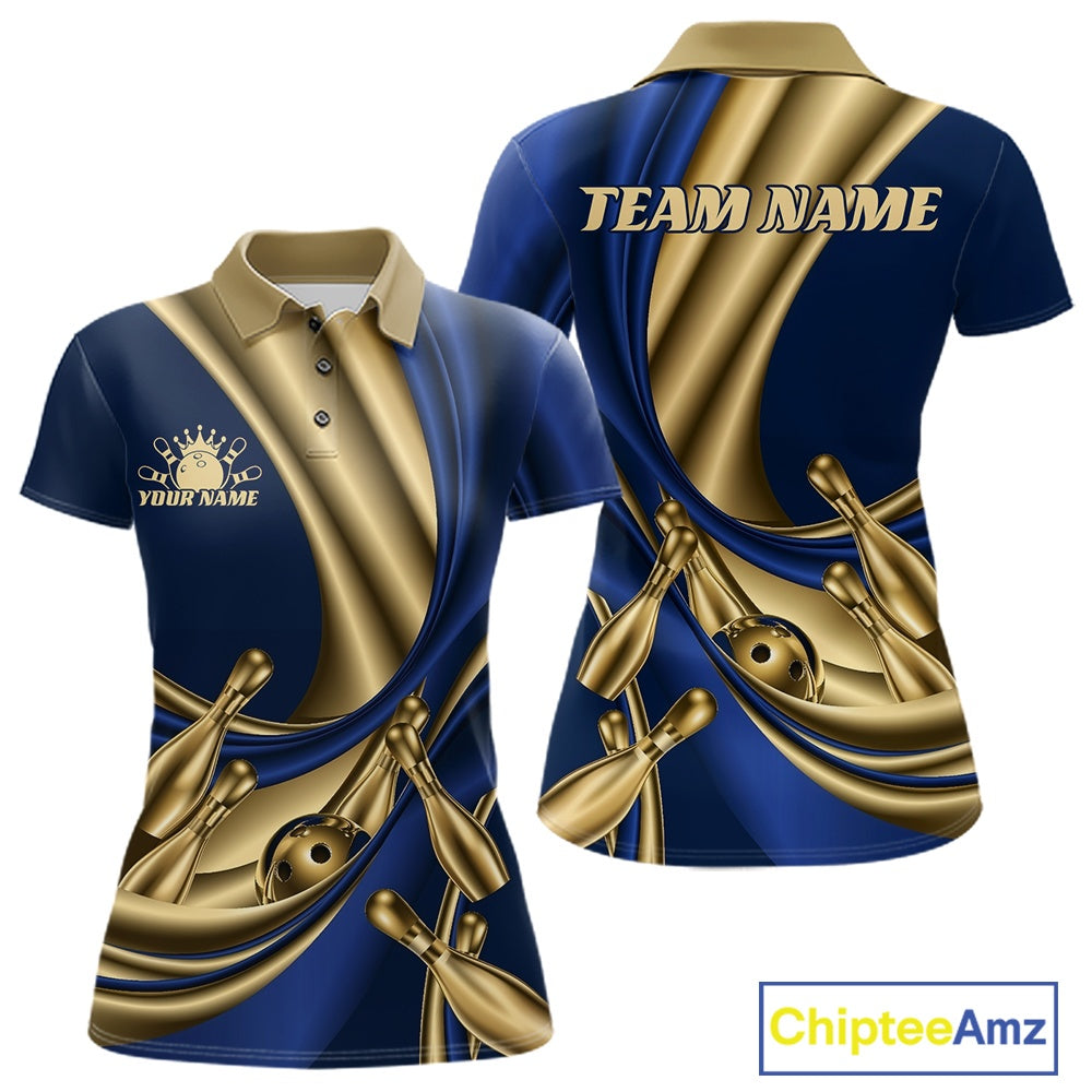 Custom Blue And Gold Curves With Golden Bowling Ball And Pins Women Polo Shirt IPHW11614