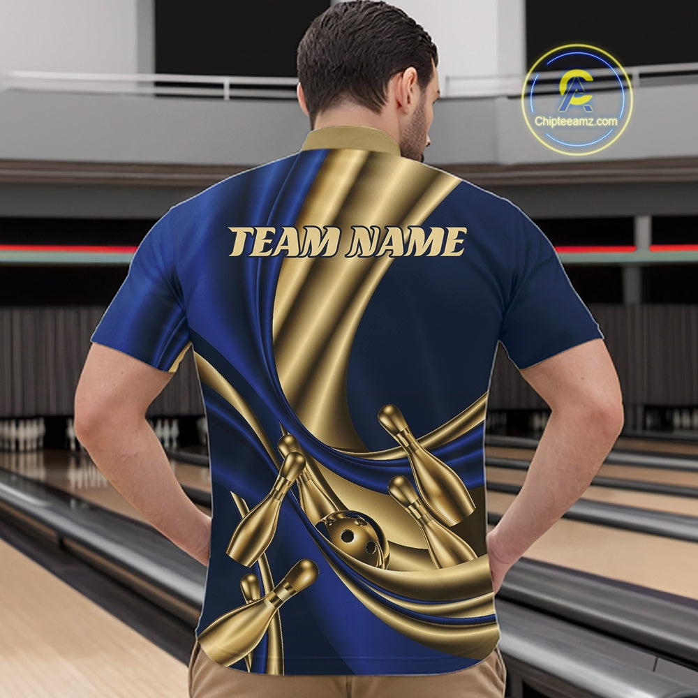 Custom Blue And Gold Curves With Golden Bowling Ball And Pins Men Quarter Zip Shirt IPHW11614