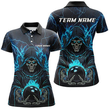 Load image into Gallery viewer, Black And Blue Lightning Custom Skull Bowling Shirts For Women, Halloween Bowling Shirts IPHW7091