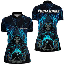 Load image into Gallery viewer, Black And Blue Lightning Custom Skull Bowling Shirts For Women, Halloween Bowling Shirts IPHW7091