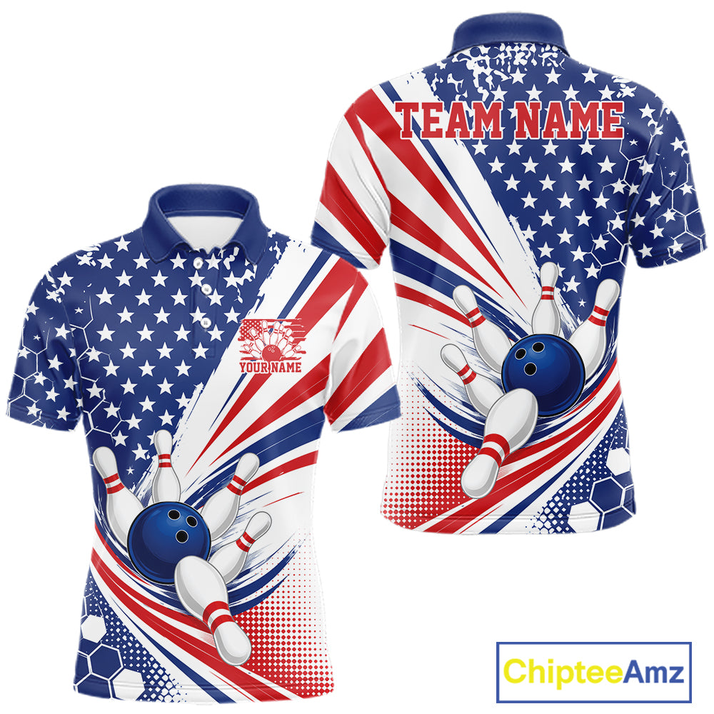 Front and back views of a short-sleeve polo shirt featuring a patriotic red, white, and blue bowling theme with stars, stripes, bowling balls, pins, and customizable text placeholders.