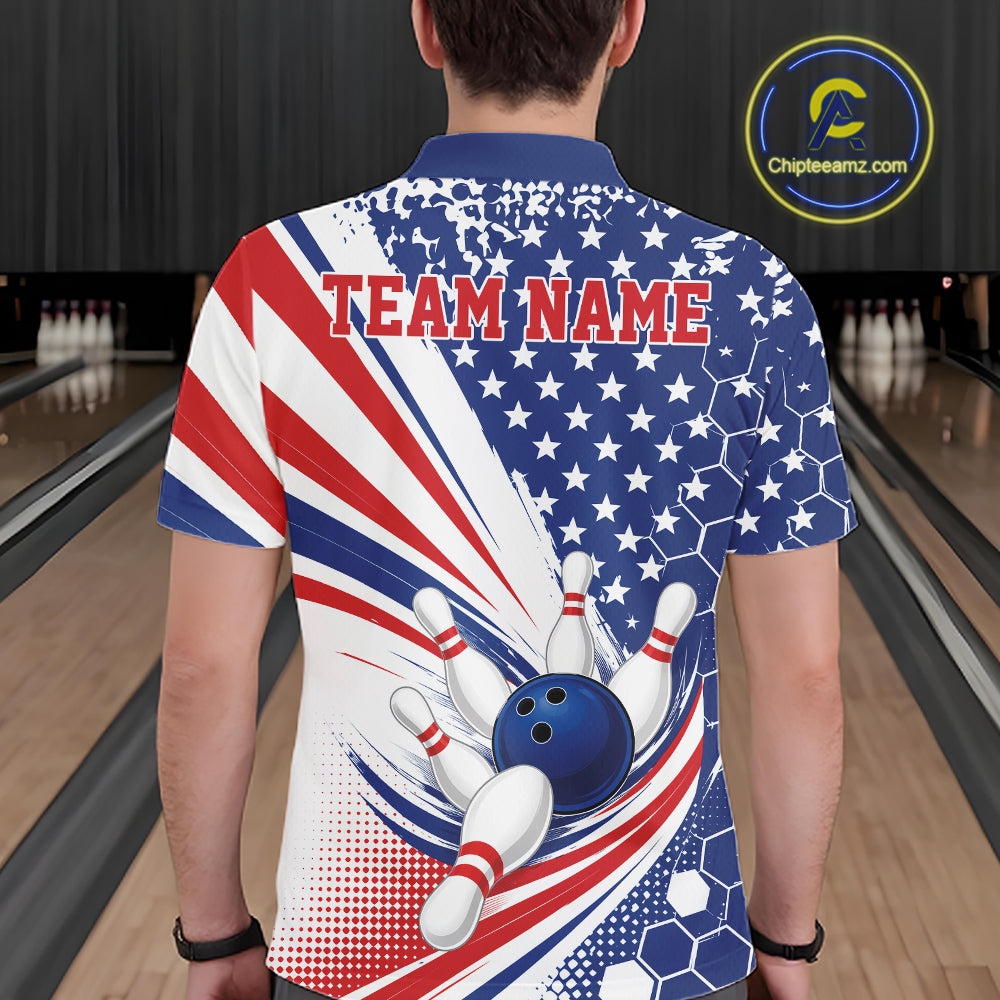 A man viewed from behind wearing a short-sleeve bowling-themed polo shirt with a red, white, and blue patriotic design, stars, bowling pins, and a bowling ball graphic. The shirt has 'TEAM NAME' printed across the upper back.