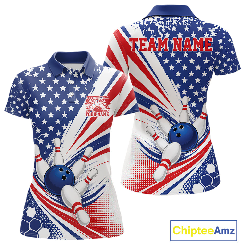 Front and back views of a women's short-sleeve polo shirt with a patriotic bowling theme. The design features a blue star-patterned upper section, red and white diagonal stripes, bowling balls, and bowling pins.