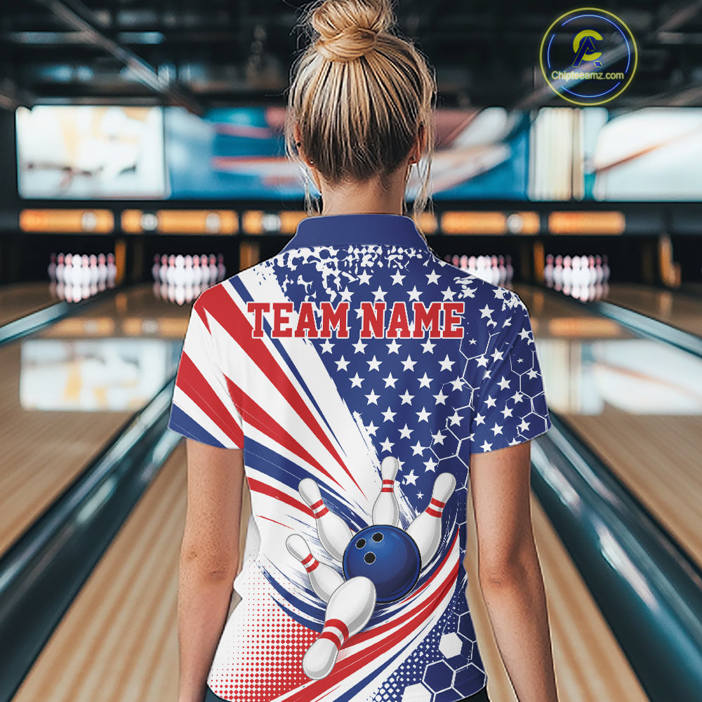 A woman viewed from behind wearing a bowling-themed short-sleeve polo shirt with an American flag-inspired design featuring red, white, and blue stars and stripes, bowling pins, and a blue bowling ball graphic. The shirt has 'TEAM NAME' printed across the upper back.