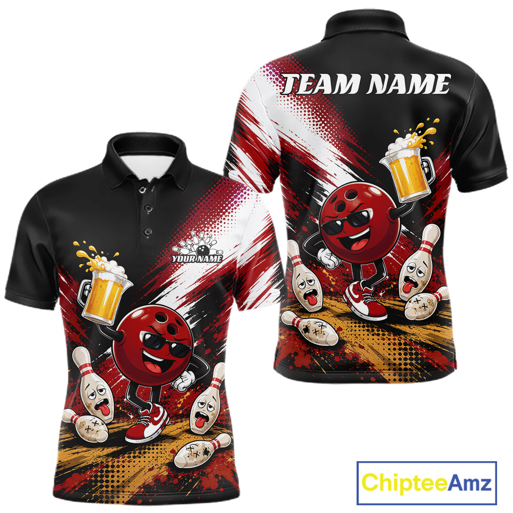 Customizable black short-sleeve polo shirt with a red bowling ball mascot graphic, bowling pins, beer mugs, and white 'TEAM NAME' placeholder text on the back, shown in front and back views on a white background.