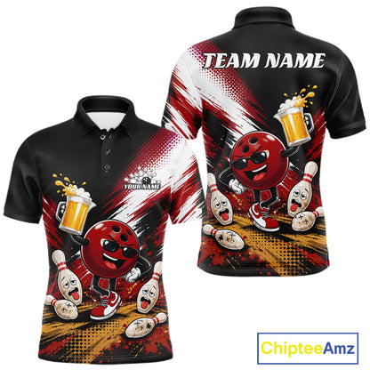 Customizable black short-sleeve polo shirt with a red bowling ball mascot graphic, bowling pins, beer mugs, and white 'TEAM NAME' placeholder text on the back, shown in front and back views on a white background.