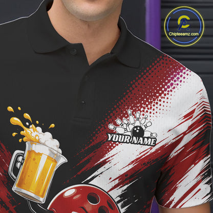 Custom Red Funny Beer Pitcher Bowling Men Polo Shirt, Drinking Beer Bowling Jersey IPHW11846