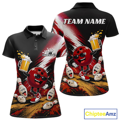 Customizable black womens short-sleeve polo shirt with a red and black bowling-themed all-over print, shown in front and back views. Features cartoon bowling balls and pins, beer mugs, and 'TEAM NAME' / 'YOUR NAME' text placeholders.