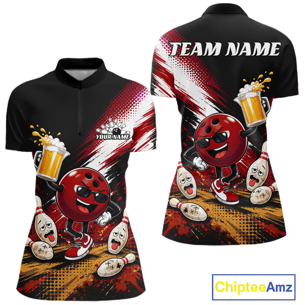 Customizable black and red bowling-themed womens quarter zip shirt shown from both front and back. The shirt features a cartoon bowling ball character holding a beer mug, scattered bowling pins, and placeholder text 'TEAM NAME' and 'YOURNAME'.