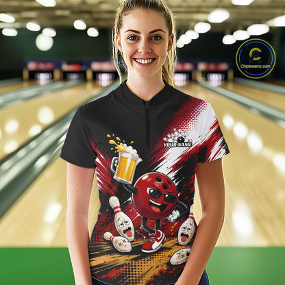 Custom Red Funny Beer Bowling Women Quarter-Zip Shirt, Drinking Beer Bowling Jersey IPHW11846