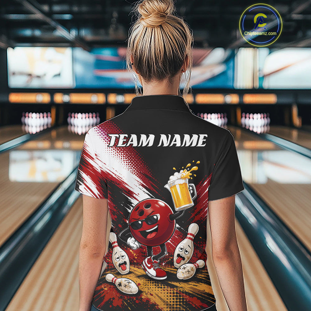 A woman viewed from behind wearing a black short-sleeve bowling-themed quarter zip shirt with a colorful back graphic featuring a red bowling ball character, pins, bowling pins, beer mug, and the text 'TEAM NAME'. 