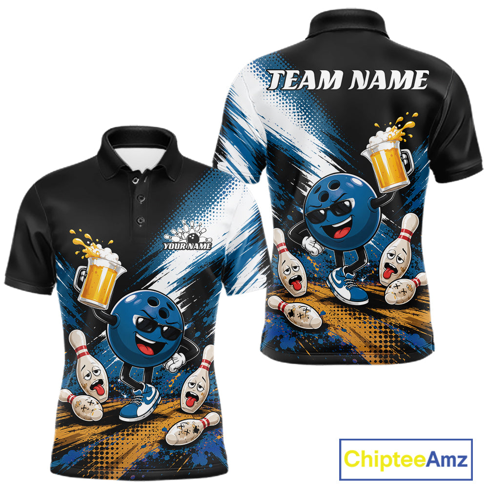 Front and back views of a custom black short-sleeve polo shirt featuring a colorful bowling-themed graphic with a blue cartoon bowling ball, bowling pins, beer mugs, and the text 'TEAM NAME' on the back. The shirt is displayed on a clean white background with a 'ChipteeAmz' logo in the bottom right corner.