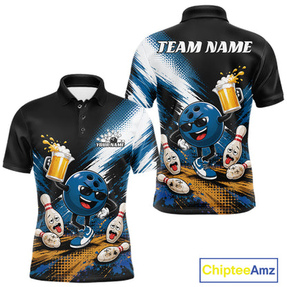 Front and back views of a custom black short-sleeve polo shirt featuring a colorful bowling-themed graphic with a blue cartoon bowling ball, bowling pins, beer mugs, and the text 'TEAM NAME' on the back. The shirt is displayed on a clean white background with a 'ChipteeAmz' logo in the bottom right corner.