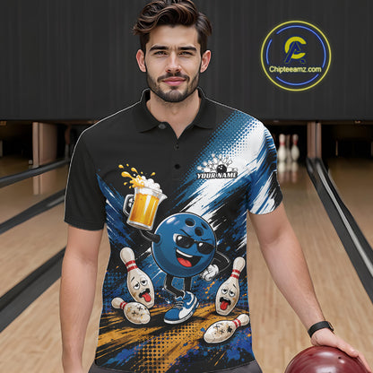 A man wearing a black short-sleeve polo shirt with a colorful bowling-themed graphic print, standing in a bowling alley holding a bowling ball. The shirt features a blue cartoon bowling ball character, bowling pins, a beer mug, and a 'YOURNAME' placeholder logo on the chest.