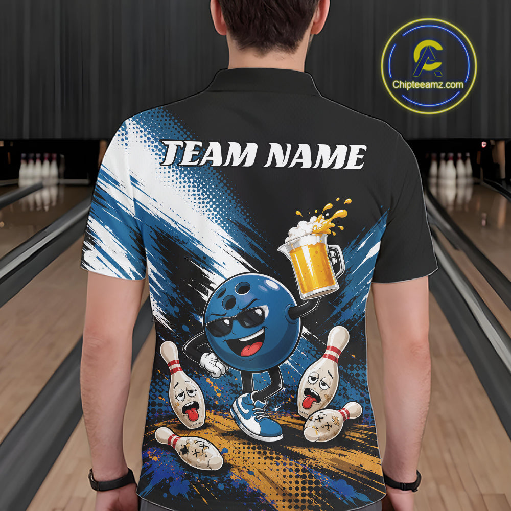 A person shown from the back wearing a black short-sleeve bowling-themed polo shirt with a colorful graphic print featuring a cartoon bowling ball, pins, and the text 'TEAM NAME' across the upper back. The background shows bowling lanes