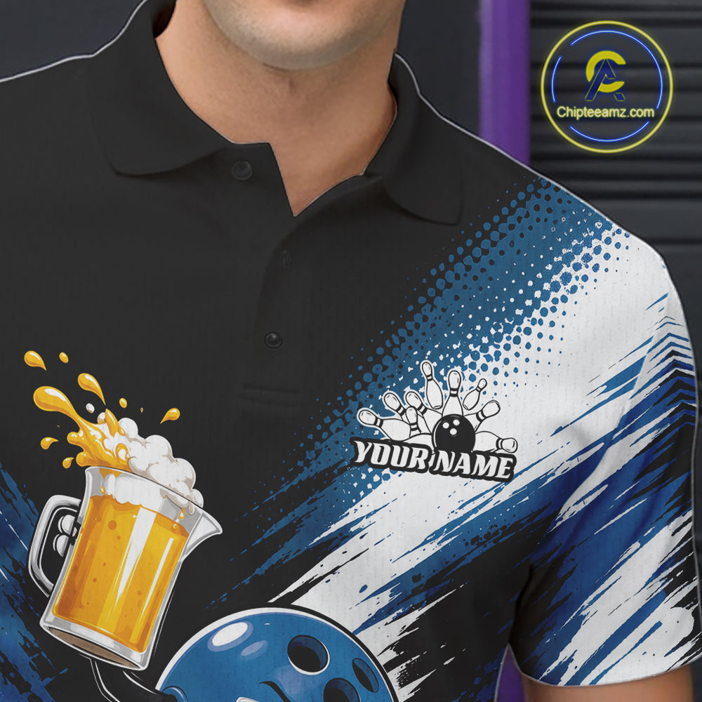 Custom Blue Funny Beer Pitcher Bowling Men Polo Shirt, Drinking Beer Bowling Jersey IPHW11849