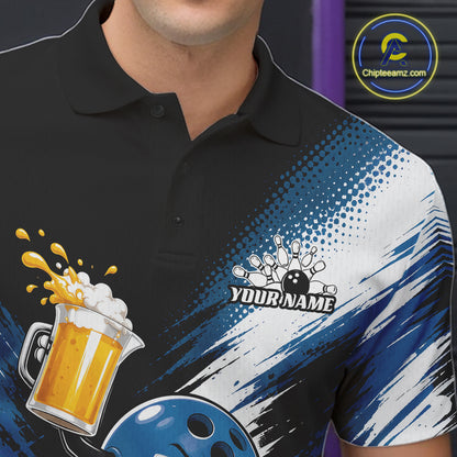 Custom Blue Funny Beer Pitcher Bowling Men Polo Shirt, Drinking Beer Bowling Jersey IPHW11849