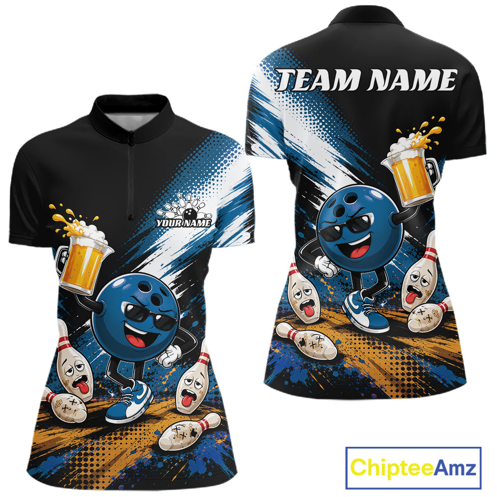 Customizable short-sleeve polo shirt shown in front and back views, featuring a bowling-themed cartoon graphic with a blue funny bowling ball character, bowling pins, and beer mugs on a blue and black background. The back has a 'TEAM NAME' placeholder, and the front has a 'YOUR NAME' placeholder.