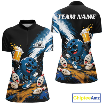 Customizable short-sleeve polo shirt shown in front and back views, featuring a bowling-themed cartoon graphic with a blue funny bowling ball character, bowling pins, and beer mugs on a blue and black background. The back has a 'TEAM NAME' placeholder, and the front has a 'YOUR NAME' placeholder.