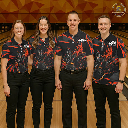 Black And Orange Custom Flame Bowling Shirts For Men, Bowling Team Shirt Bowling Uniform Outfit IPHW7400