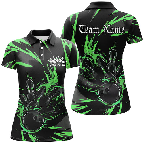 Black And Green Custom Flame Ladies Bowling Shirts, Bowling Team Shirt Bowling Uniform IPHW7402